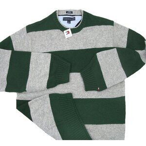 NEW Tommy Hilfiger Lambswool Sweater! 2X Green & Gray Stripe Tommy Flag  Heavier